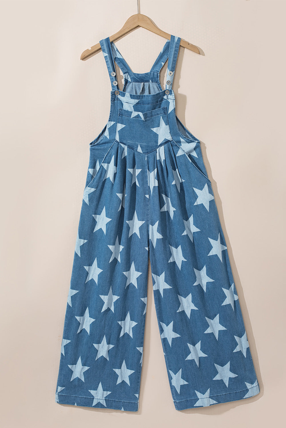 White Star Print Button Strap Pleated Wide Leg Denim Overall