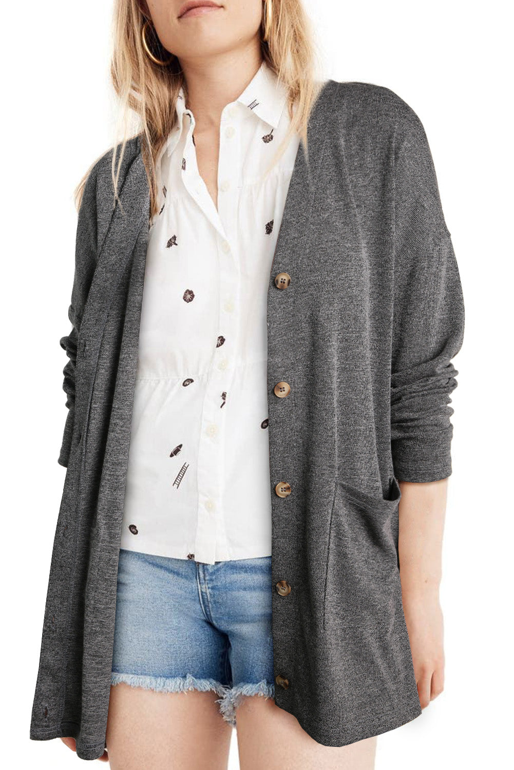 Grey Pocketed Casual Button Front Knit Cardigan