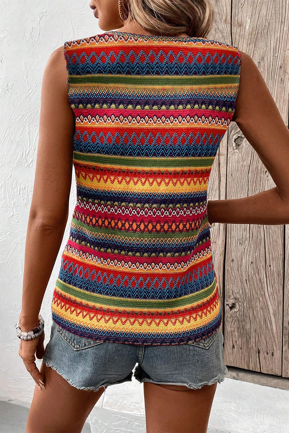 Yellow Ethnic Wavy Pattern Round Neck Sleeveless Top