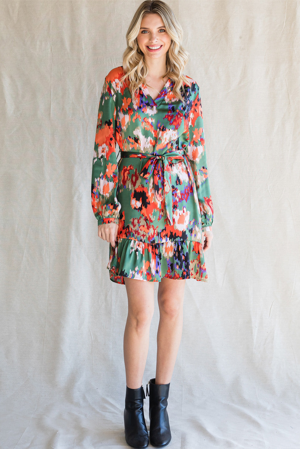 Abstract Print Waist Belted Flounce Hem Split V Neck Long Sleeve Dress