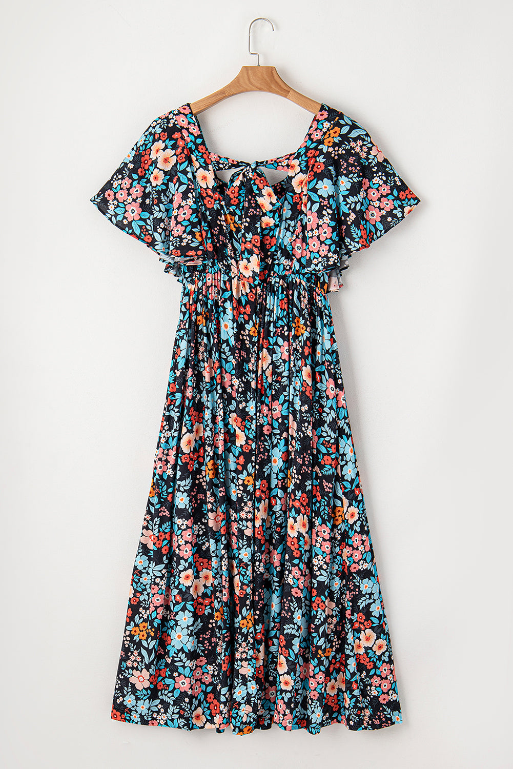 Sky Blue Boho Floral Print Knotted Backless Maxi Dress