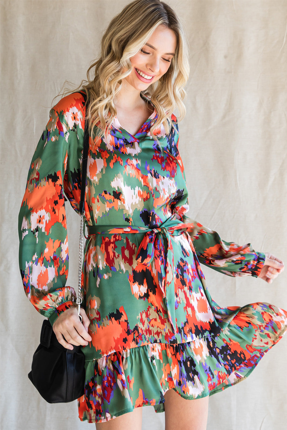 Abstract Print Waist Belted Flounce Hem Split V Neck Long Sleeve Dress