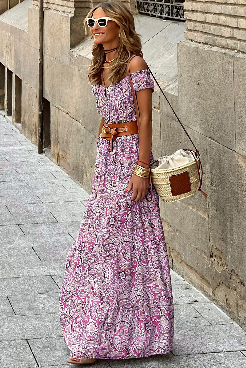 Pink Boho Paisley Print Off Shoulder Maxi Dress