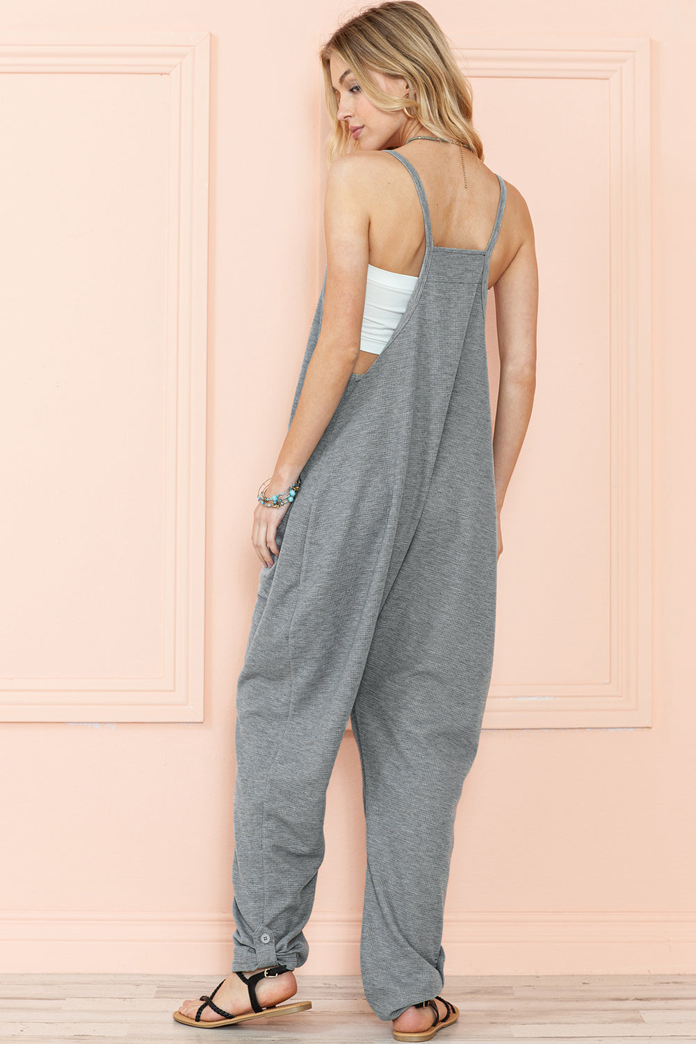 Gray Waffle Knit Spaghetti Strap Pocketed Jumpsuit