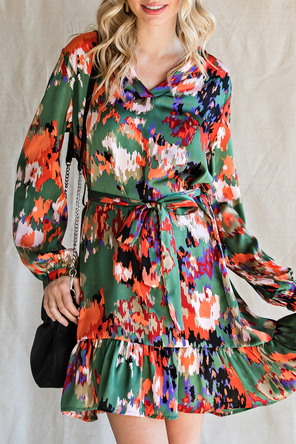 Abstract Print Waist Belted Flounce Hem Split V Neck Long Sleeve Dress