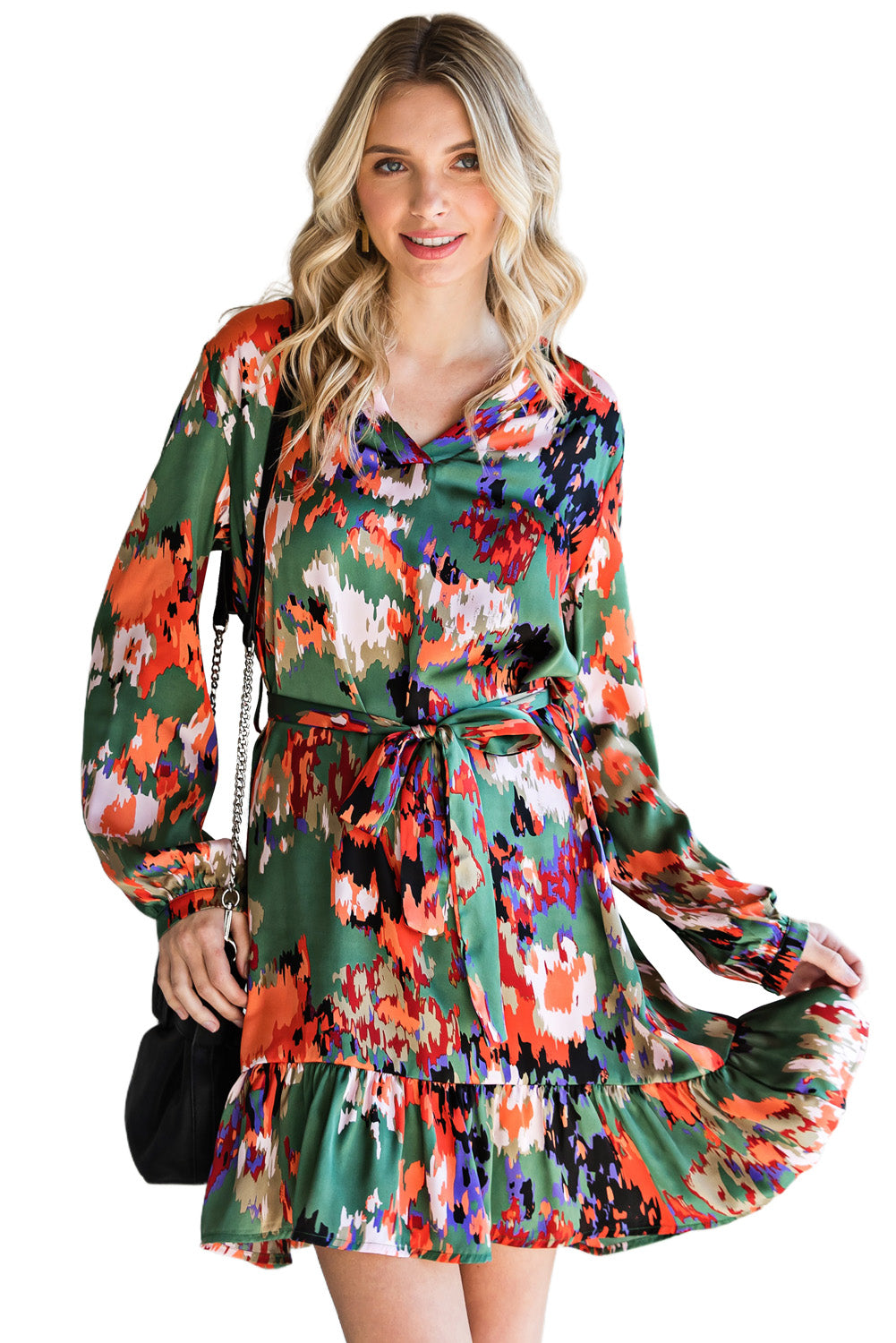 Abstract Print Waist Belted Flounce Hem Split V Neck Long Sleeve Dress