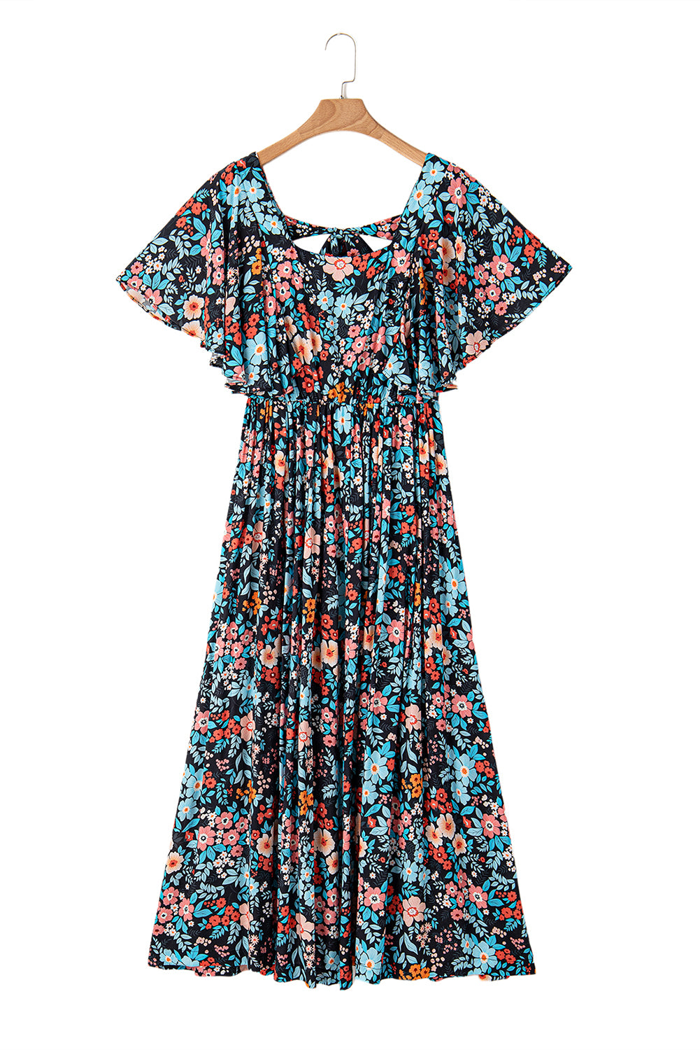 Sky Blue Boho Floral Print Knotted Backless Maxi Dress