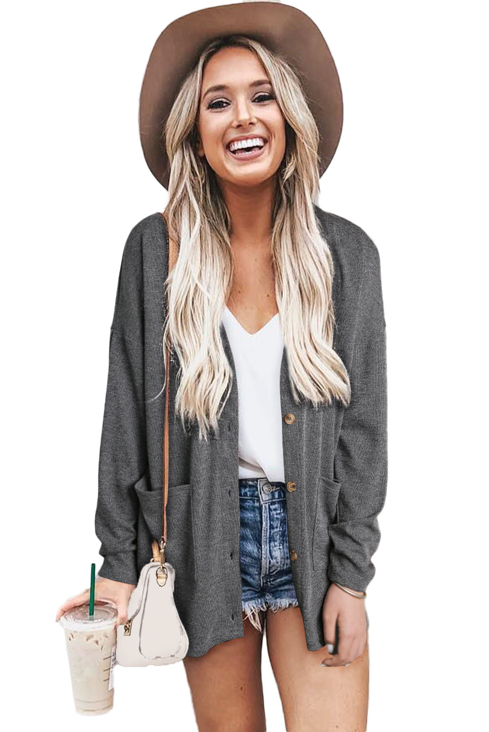 Grey Pocketed Casual Button Front Knit Cardigan